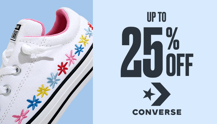up to 25% off converse. image of flower embroidery on white converse on sale. converse logo