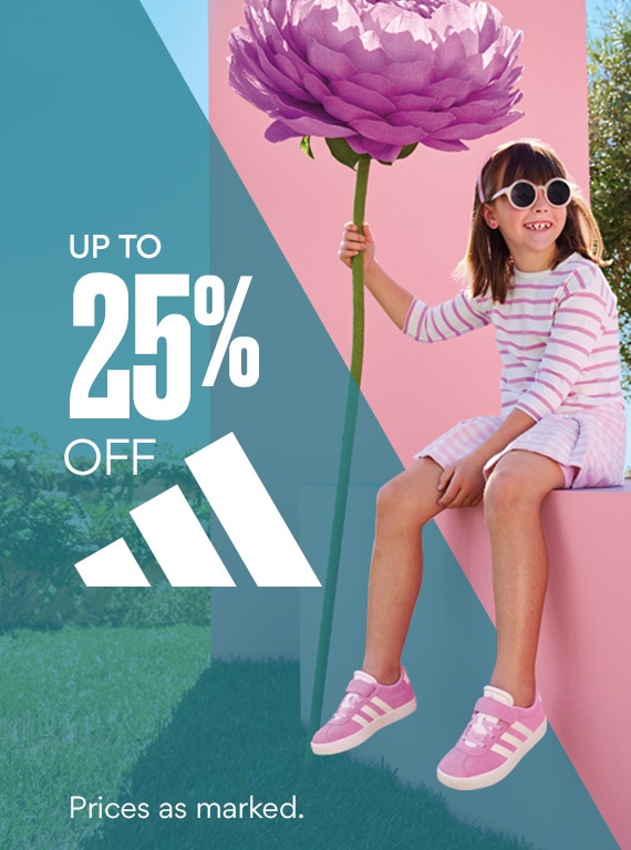 up to 20% off adidas. prices as marked. young girl sitting holding a giant flower wearing pink adidas sneakers