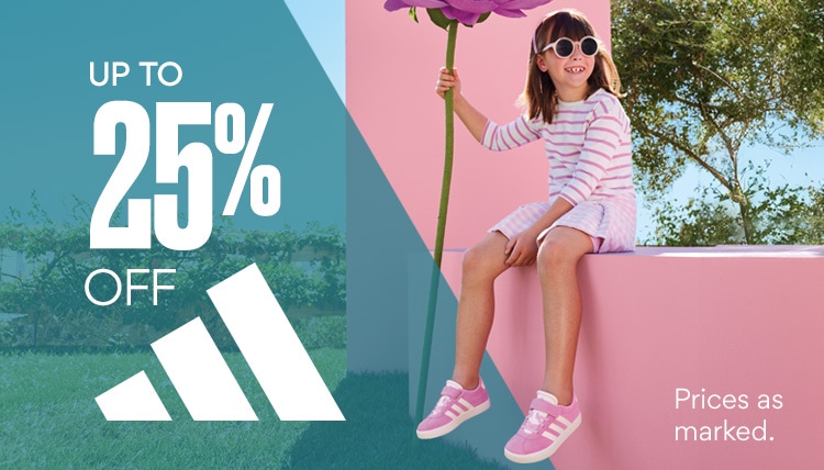 up to 25% off adidas. prices as marked. young girl sitting holding a giant flower wearing pink adidas sneakers